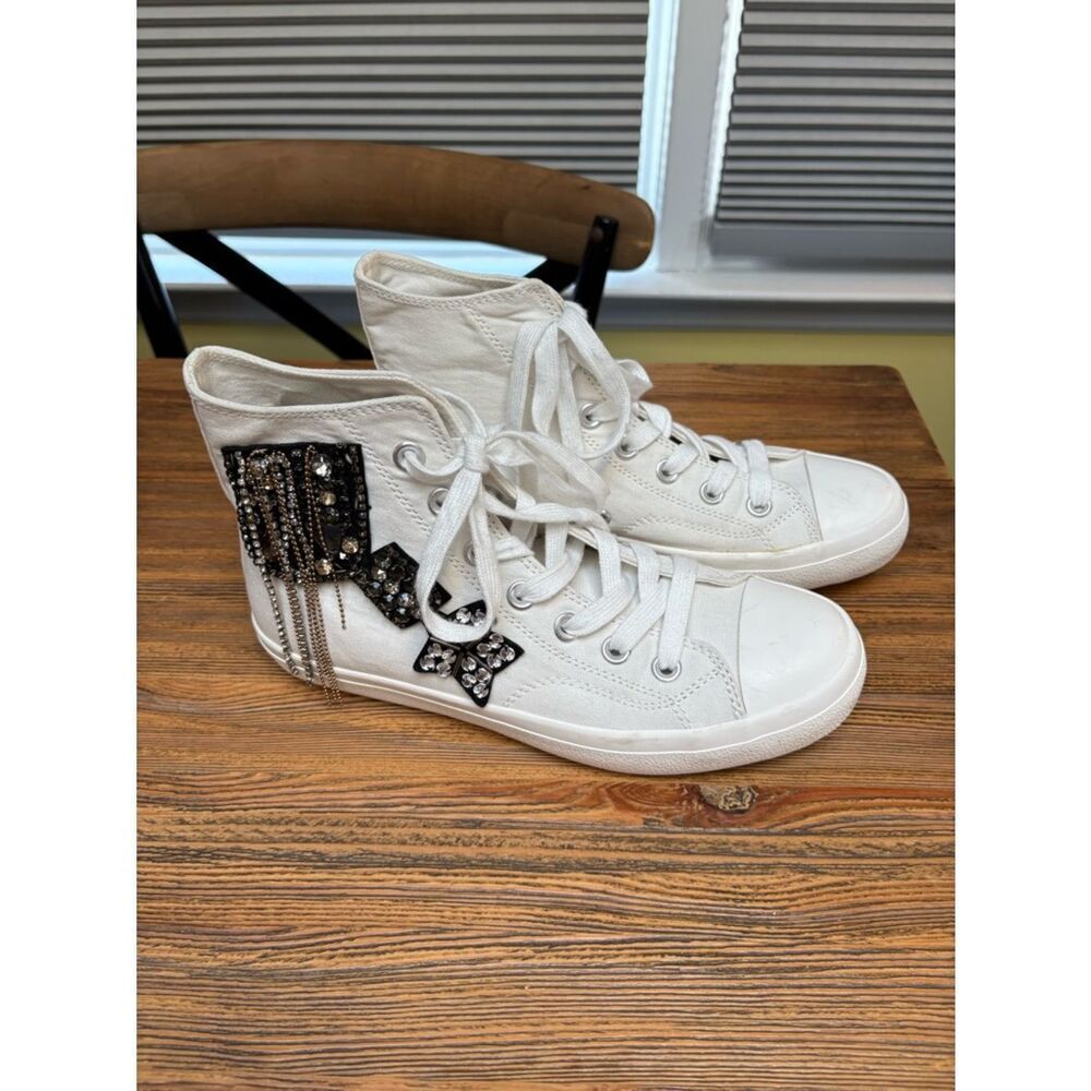 Lauren Lorraine White High-Top Sneakers with Black Beaded Patches and Chains - Picture 16 of 16